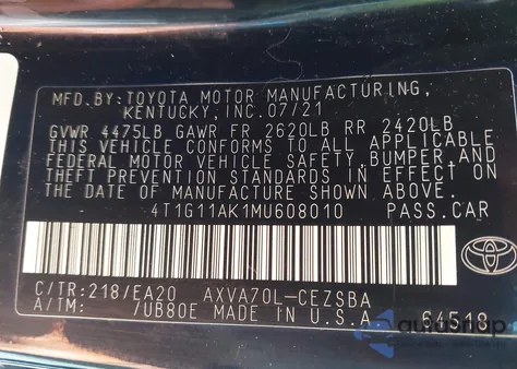 2021 Toyota Camry Se from USA, damaged, VIN 4T1G11AK1MU608010